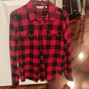 Buffalo plaid flannel shirt.